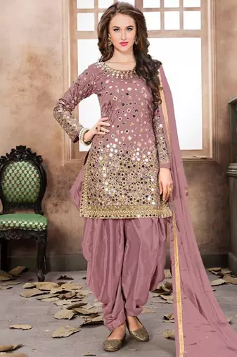 Satin silk party wear salwar suit in light pink color with embrodiery work,stone ,mirror work