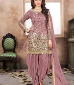 Satin silk party wear salwar suit in light pink color with embrodiery work,stone ,mirror work