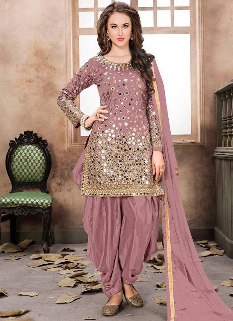 Satin silk party wear salwar suit in light pink color with embrodiery work,stone ,mirror work
