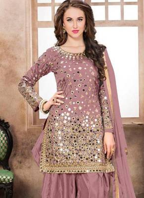 Satin silk party wear salwar suit in light pink color with embrodiery work,stone ,mirror work 2
