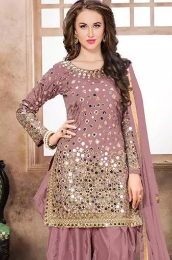 Satin silk party wear salwar suit in light pink color with embrodiery work,stone ,mirror work