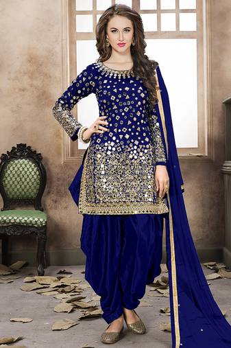 Satin silk party wear salwar suit in blue color with embrodiery work,stone ,mirror work