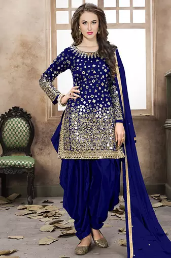 Satin silk party wear salwar suit in blue color with embrodiery work,stone ,mirror work