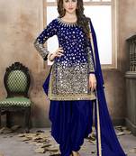 Satin silk party wear salwar suit in blue color with embrodiery work,stone ,mirror work