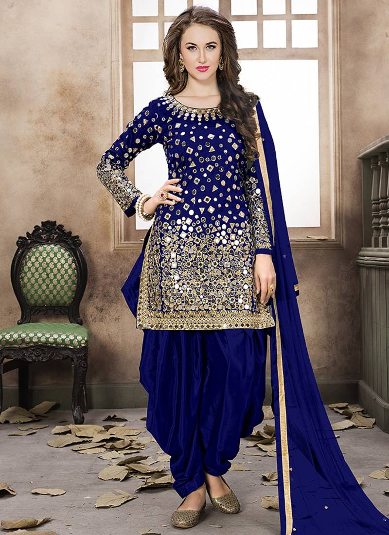 Satin silk party wear salwar suit in blue color with embrodiery work,stone ,mirror work
