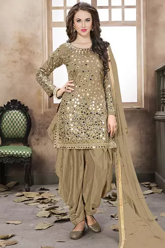 Satin silk party wear salwar suit in beige color with embrodiery work,stone ,mirror work