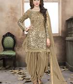 Satin silk party wear salwar suit in beige color with embrodiery work,stone ,mirror work