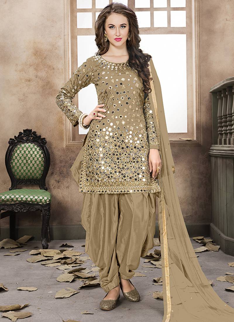 Satin silk party wear salwar suit in beige color with embrodiery work,stone ,mirror work