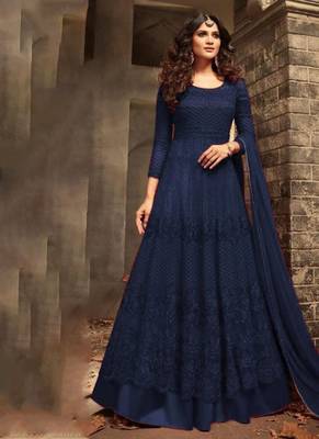 Soft premium net wedding wear gown in blue color with embroidery work & khatli work 1