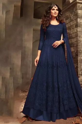 Soft premium net wedding wear gown in blue color with embroidery work & khatli work