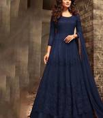 Soft premium net wedding wear gown in blue color with embroidery work & khatli work