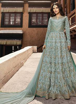 Soft silk party wear gown in light blue color with embroidery work & stone work 1
