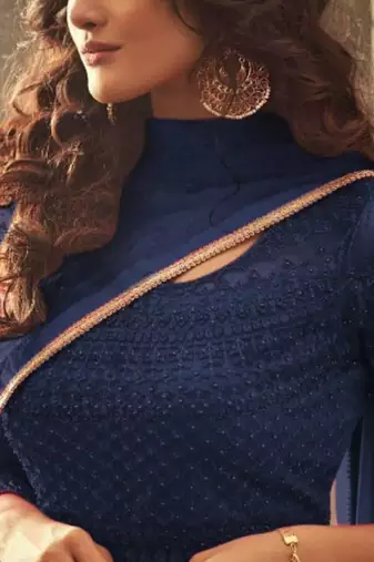 Soft premium net wedding wear gown in blue color with embroidery work & khatli work