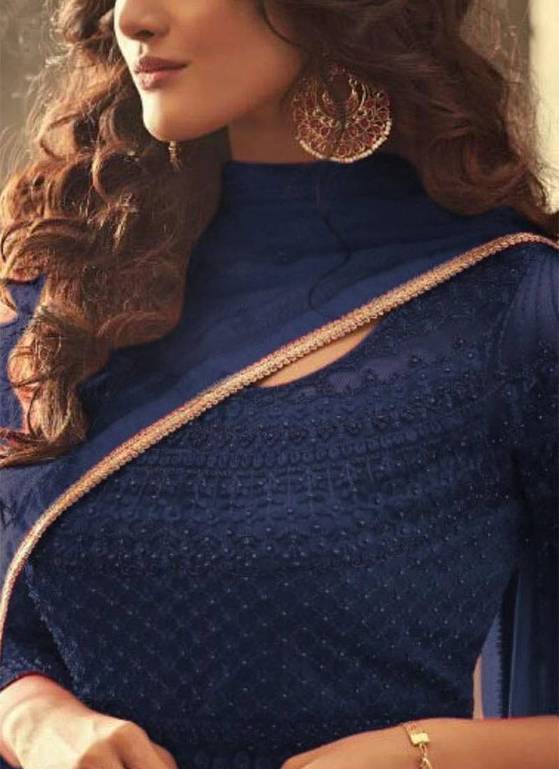 Soft premium net wedding wear gown in blue color with embroidery work & khatli work