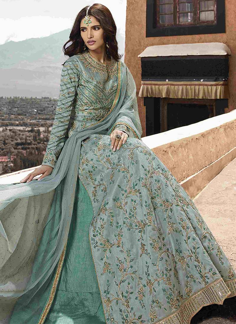 Soft silk party wear gown in light blue color with embroidery work & stone work