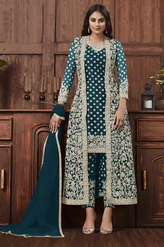 Butterfly net fabric party wear suit in turquoise color with embroidery & crystal stone work