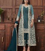 Butterfly net fabric party wear suit in turquoise color with embroidery & crystal stone work