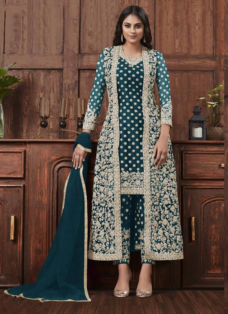 Butterfly net fabric party wear suit in turquoise color with embroidery & crystal stone work