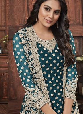 Butterfly net fabric party wear suit in turquoise color with embroidery & crystal stone work 2