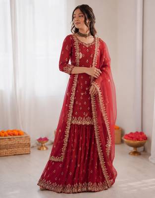 Maroon chinon silk thread with sequin sharara suit 3