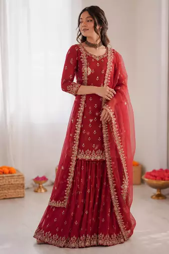 Maroon chinon silk thread with sequin sharara suit