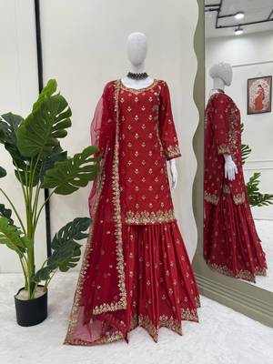 Maroon chinon silk thread with sequin sharara suit 4