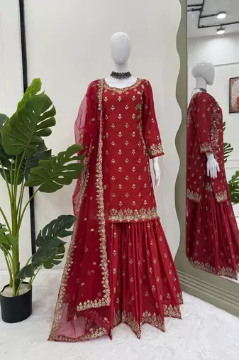 Maroon chinon silk thread with sequin sharara suit