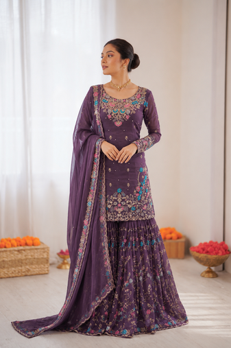 Deep purple art silk thread sequin with sharara suit