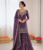 Deep purple art silk thread sequin with sharara suit