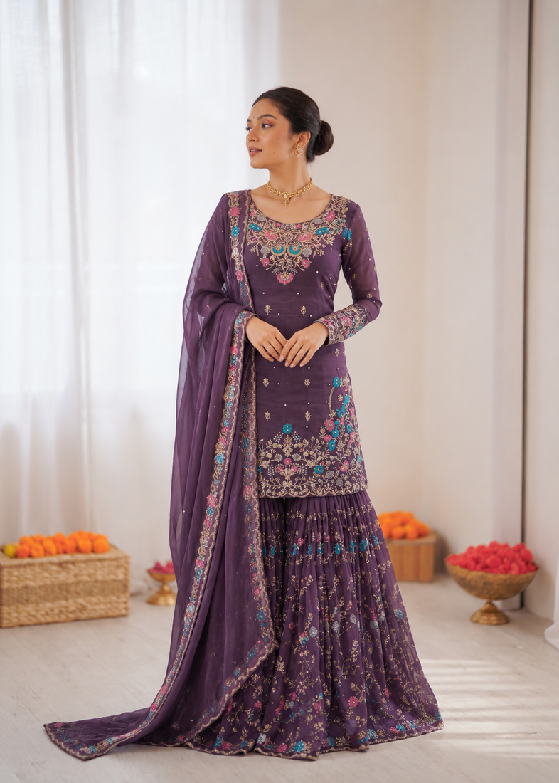 Deep purple art silk thread sequin with sharara suit