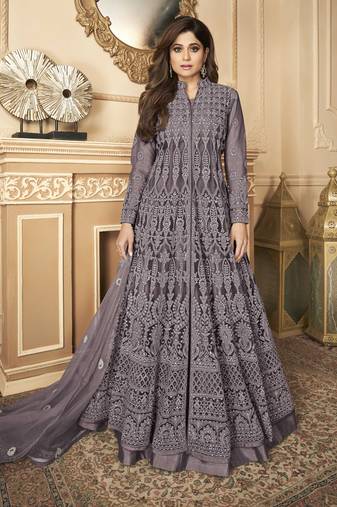Butterfly net fabrics party wear readymade gown in wine color with embroidery work