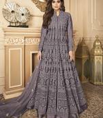 Butterfly net fabrics party wear readymade gown in wine color with embroidery work