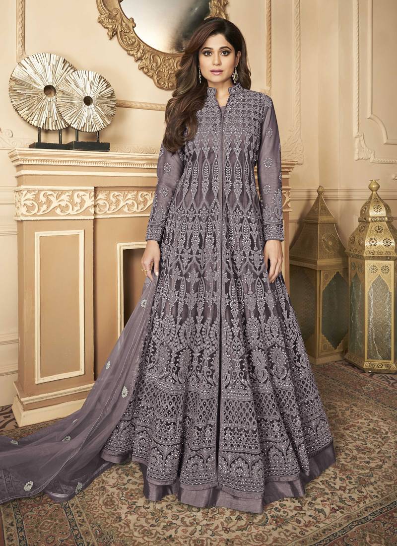 Butterfly net fabrics party wear readymade gown in wine color with embroidery work