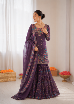 Deep purple art silk thread sequin with sharara suit 2