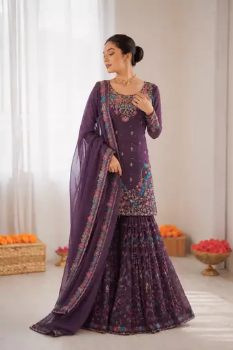 Deep purple art silk thread sequin with sharara suit