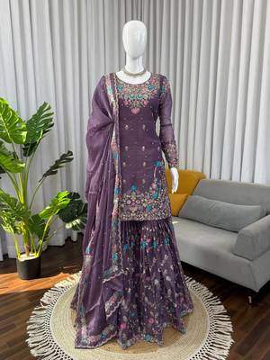 Deep purple art silk thread sequin with sharara suit 3