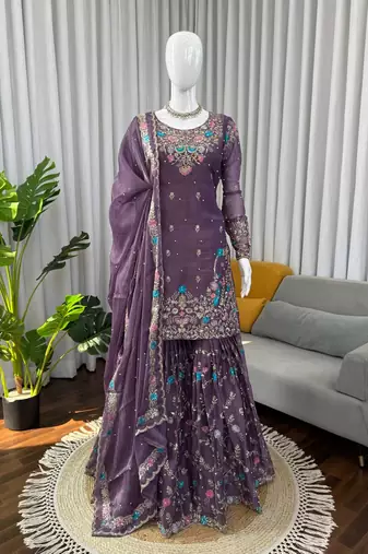 Deep purple art silk thread sequin with sharara suit