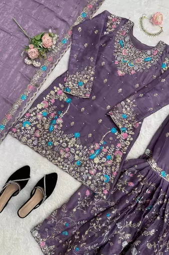 Deep purple art silk thread sequin with sharara suit