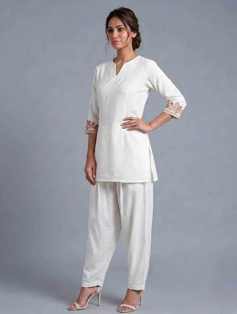 White embroidered rayon kurta set