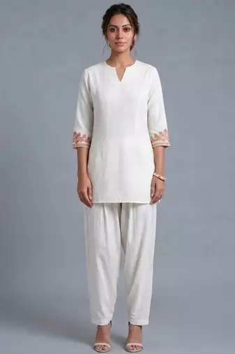 White embroidered rayon kurta set