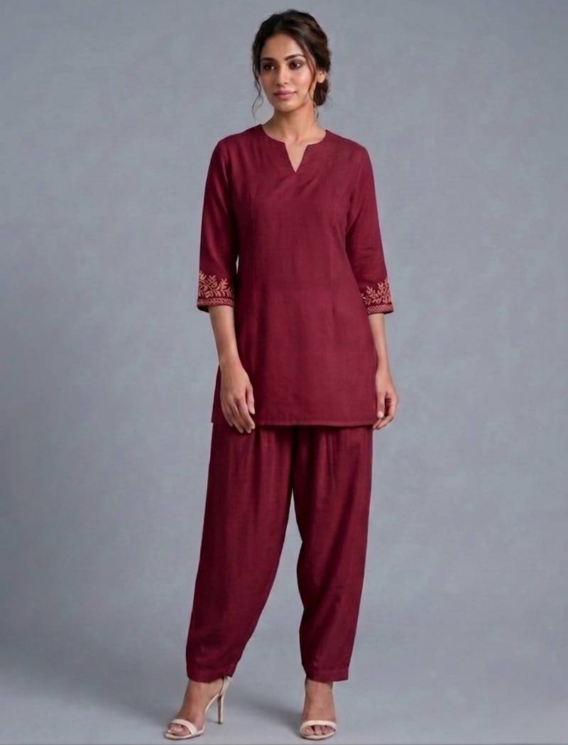 Maroon embroidered rayon kurta set