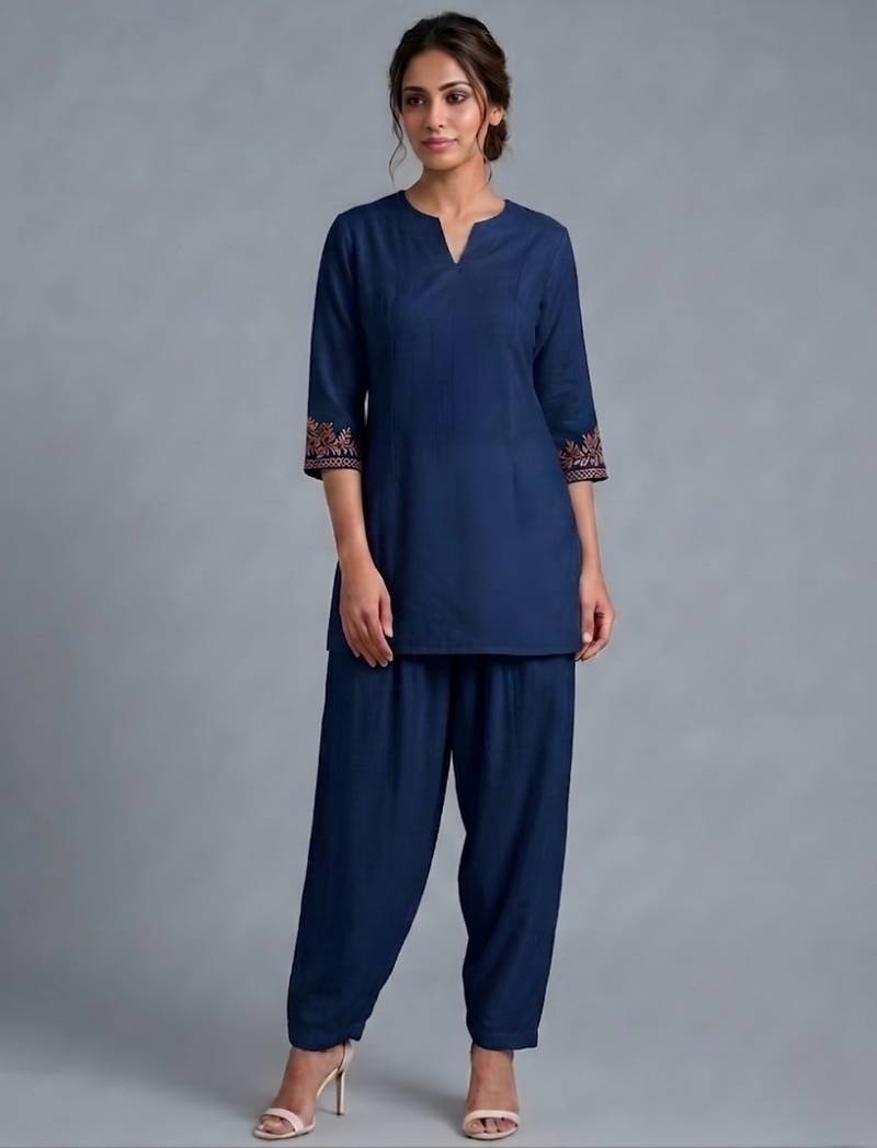 Blue embroidered rayon kurta set