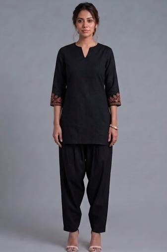 Black embroidered rayon kurta set
