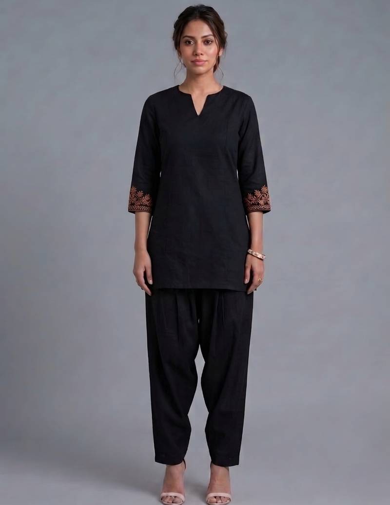 Black embroidered rayon kurta set