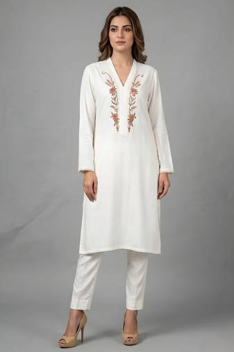 White embroidered rayon kurta set