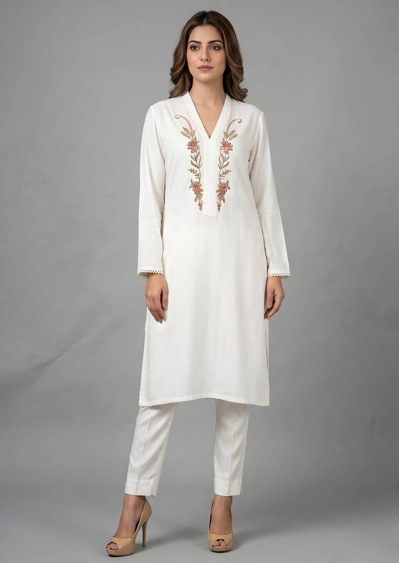 White embroidered rayon kurta set