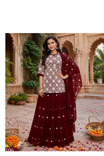 Maroon Elegant Embroidered Kurti With Flowy Sharara And Soft Net Dupatta Perfect For Festive And Wedding Looks 1