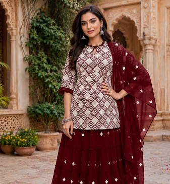 Maroon Elegant Embroidered Kurti With Flowy Sharara And Soft Net Dupatta Perfect For Festive And Wedding Looks