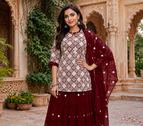 Maroon Elegant Embroidered Kurti With Flowy Sharara And Soft Net Dupatta Perfect For Festive And Wedding Looks