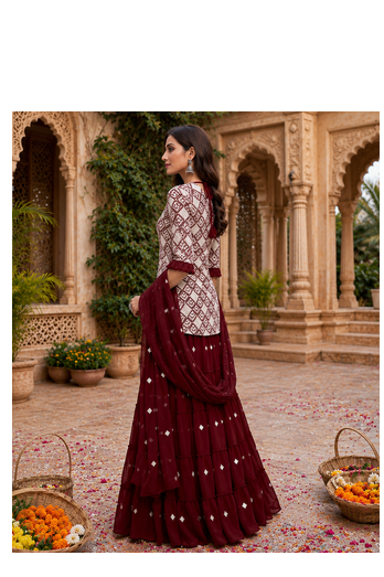Maroon Elegant Embroidered Kurti With Flowy Sharara And Soft Net Dupatta Perfect For Festive And Wedding Looks 2
